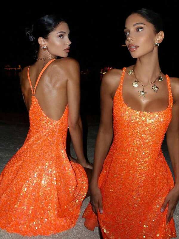 New Women's Spaghetti Strap Sequin Backless Cocktail Dress, Short Dress, Suitable For Cocktail Parties, Balls, And Parties Wedding Spring Party