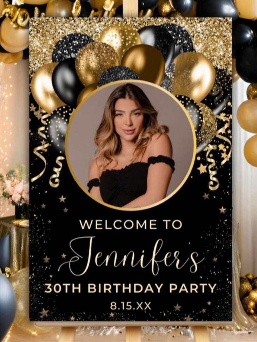 1张个性化生日欢迎牌，黑色和金色气球，蓝色气球，可定制照片、姓名、日期，可打印大幅生日海报，最佳尺寸50*70厘米，生日派对装饰，婚礼欢迎牌，父亲节礼物，家居生活，家居装饰，纪念品，周年纪念，退休，任何年龄，照片打印，无框 - 彩色 - 查看 1