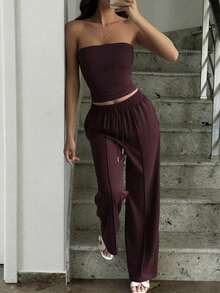 Vaiaye 两件套秋季套装，包括修身性感露肩短款上衣和弹力纯色修身瑜伽抹胸上衣，以及春夏裤装。 - 紫紅色 - 查看 2