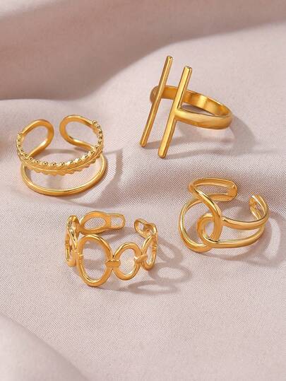  3pcs Set 18K Gold Plated Stainless Steel Geometric Criss-Cross Open Rings, Suitable For Women's Daily Wear