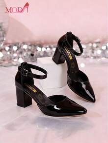 Zapatos de tacón alto negros para mujer con detalle de hebilla y punta, diseño de tacón alto.  Zapatos de tacón alto de mujer con punta afilada en corte en V, versátiles y sencillos, ideales para el trabajo, citas, fiestas, Halloween, Navidad, Año Nuevo y San Valentín, color negro Zapatos de tacón monocromáticos, simples y elegantes, hechos negro brillante, con tacón, adecuados para ocasiones profesionales y formales, apropiados para mujeres, modernos y adorables, cómodos y prácticos, ideales para oficina, reuniones o uso en el hogar. - Negro - Ver 12