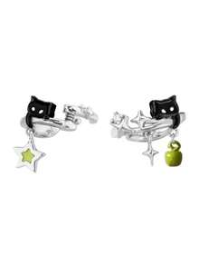 2pcs (1 Pair) No Piercing Black Cat & Green Apple Star Ear Cuffs, Elegant Sweet Cute Star Ear Clips - Apple Star Ear Bone Clip - View 10