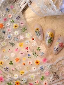 1 pieza Calcomanías de flores silvestres coloridas, que incluyen margarita, rosa, flor de cerezo, girasol, lirio, pegatinas de arte de uñas 5D en relieve, adecuadas para bodas, fiestas y ocasiones especiales - Multicolor - Ver 7