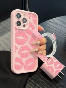 4-Piece Pink Lip Print Matte Soft TPU Phone Case And Charger Protector Set, Full Protection Anti-Drop, Compatible With IPhone 11 12 13 13 Pro Max 14 Pro Max, 15 15 Pro 15 Plus 15 Pro Max, 16 16 Pro 16 Plus 16 Pro Max, 17 Air - Multicolor - View 2