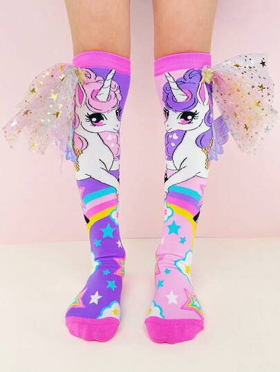 1 Pair Kids Over The Knee Socks, Cartoon Unicorn With 3D Wings & Veil Decor, Fun & Crazy Style, Funny Socks Crazy Socks All Season, Ideal For Crazy Day, Parties, Valentine's Day, Wedding Season, Easter, Holidays, Outdoor & Daily Wear