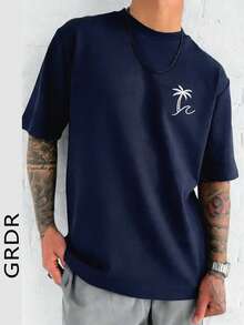 GRDR Men's Round Neck Fashionable Palm Tree Printed Short Sleeve T-Shirt, Casual - Navy Blue - View 6