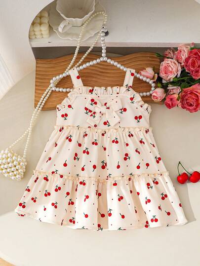 Baby Girl Summer Dress, Cream Color Cherry Print Layered Ruffle Strap Dress