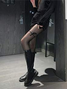 1 件装黑色透明女士连裤袜，性感火辣女孩风格，带枪支印花 - 彩色 - 查看 3