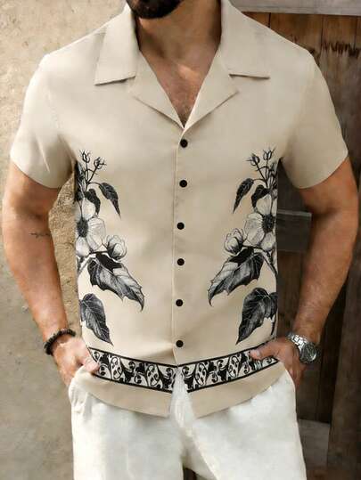 Áo sơ mi nam tay ngắn cổ mùa hè, họa tiết hoa, kiểu dáng thời trang thường ngày.