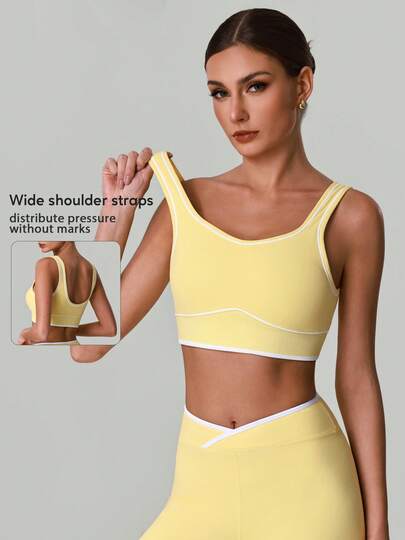 Women's Contrast Color Round Neck Backless Comfortable Casual Fitness Yoga Sports Bra With Pads