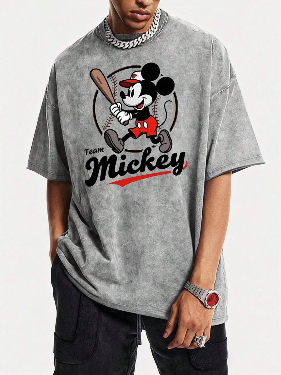Disney Mickey Mouse Baseball Team Mickey Graphic Vintage Washed Oversized T-Shirt, 100% Cotton Sports Disney Tee For Men - Grey - View 1