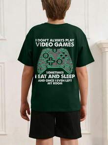 1 pieza Camiseta de manga corta con cuello redondo y estampado de controlador de juego y eslogan, ropa nueva de verano y primavera para niños preadolescentes - Verde Oscuro - Ver 7