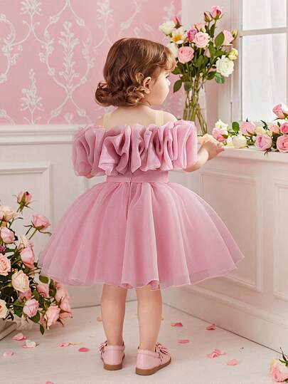 Baby Girls Sleeveless Faux Pearl Lace Organza Cute Puff Princess Party Dress, Suitable For Birthday Celebration, Important Occasions, Festivals