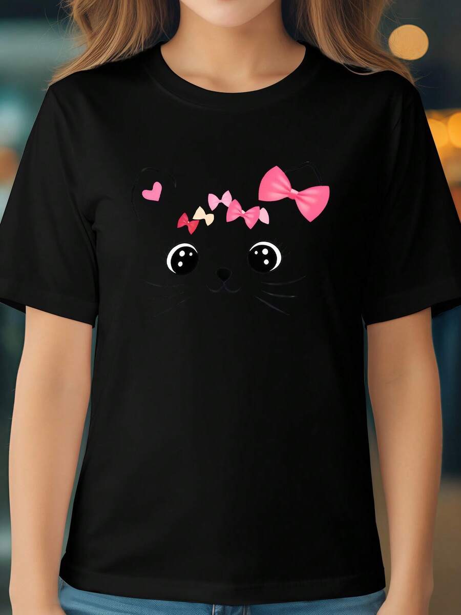 T-shirt décontracté en coton pour filles avec un joli motif de chat - Col rond confortable, manches courtes, tissu en maille respirante - Idéal pour l'été - Noir - Voir 1