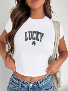 1pc Retro Lucky Shamrock St Patrick Graphic Print Women's Fashion Short Sleeve T-Shirt,Y2K Top Crop,Camisetas De Fiesta,Back To School,Vintage,Street Wear, Rock, Holiday, Vacation, Festival, Summer Tops - White - View 4