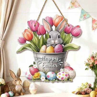 1pc Happy Easter Door Decoration Bunny Floral Bucket Hanging Sign For Decor For Front Door Easter Door Wreath For Home Decor Spring Rabbit Wall Hanger For Porch Outdoor Indoor
