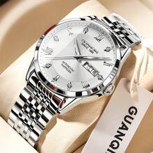 1 pièce Montre GUANQIN étanche et lumineuse, calendrier double, cadran serti de diamants, bracelet en acier inoxydable résistant aux rayures. Montre mécanique à remontage automatique de mode, de luxe, sportive et classique minimaliste pour hommes. Convient pour la Saint-Valentin, les vacances, les sorties, les affaires, le port quotidien, les cadeaux - Or rose - Voir 3
