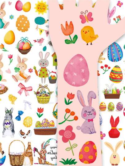 10张复活节临时纹身贴纸，126种可爱的卡通复活节兔子和彩蛋图案，防水趣味卡通节日装饰纹身，是节日派对的完美礼物