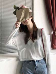 女士宽松短款罩衫，长袖开襟针织衫，轻薄春夏外套 - 白色 - 查看 6