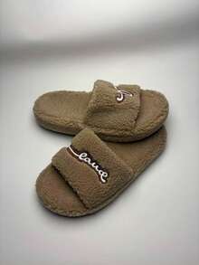 Pantuflas de Peluche con Punta Abierta para Mujer, Nuevas para Otoño e Invierno, Cálidas para Interiores, Suela Suave y Antideslizante, Silenciosas, Ideales para el Hogar, Zapatos para Mujer - Beis - Ver 5