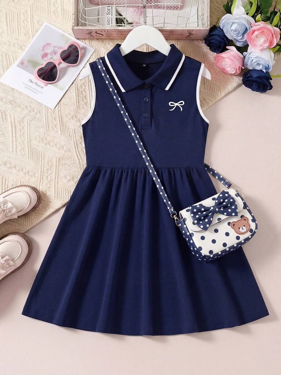 1 pièce Robe plissée évasée sans manches avec col polo pour filles, bleu marine, décoration nœud papillon, été - Bleu marine - Voir 1