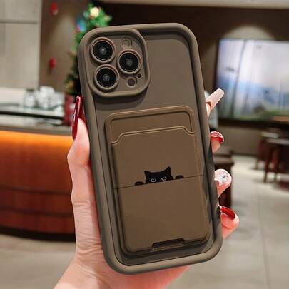 2pcs: Brown Self-Adhesive Card Holder Slot Phone Case With Black Cat Graphic TPU Shockproof Full Coverage Protective Case