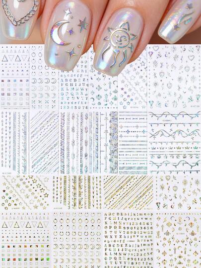 12Pcs/Set Holographic Laser Silver Gold Star Moon Chain Nail Art Stickers Line Stripe English Alphabet Stickers 8*10cm Self-Adhesive Nail Decal Y2K Pentagram Sun Number Nail Decoration