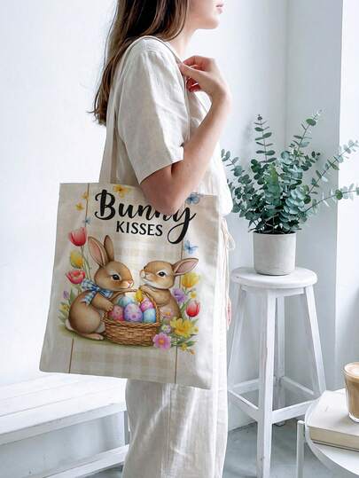 Easter Funny Pattern Printed Double-Sided Tote Bag; Printed Handbag; Casual Travel Beach Bag; Large Capacity Reusable Shoulder Bag; Women Casual Shoulder Bag; Handbag; Large Capacity Canvas Beach Bag; Handbag; Shopping Bag; Printed Women Shopping Shoulder Bag