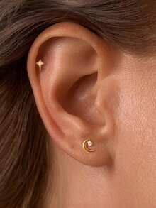 EleRunis 1PC 925 Sterling Silver Star Moon Flat Back Cartilage Helix Piercing Fine Jewelry For Daily Wear Wedding Party Engagement Anniversary Valentine's Day - Gold - View 12