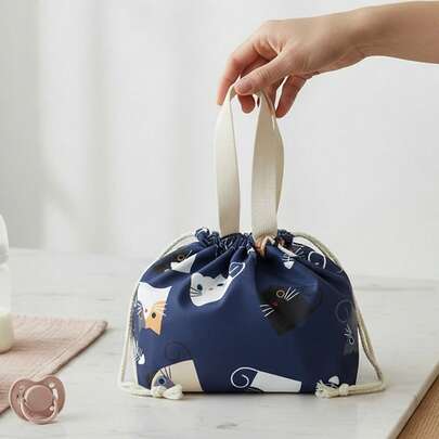 Reusable Insulated Lunch Tote Bag, Small Size With Handle And Drawstring Closure, Suitable For Baby Feeding, Student Lunch Box