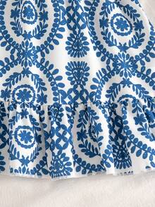 女童几何图案和热带植物印花方领花瓣袖鱼尾连衣裙 - 藍色 - 查看 3