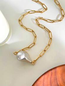 1pc Fashionable Versatile Asymmetrical Baroque Style Pendant Stainless Steel Necklace For Women - Necklace - View 9