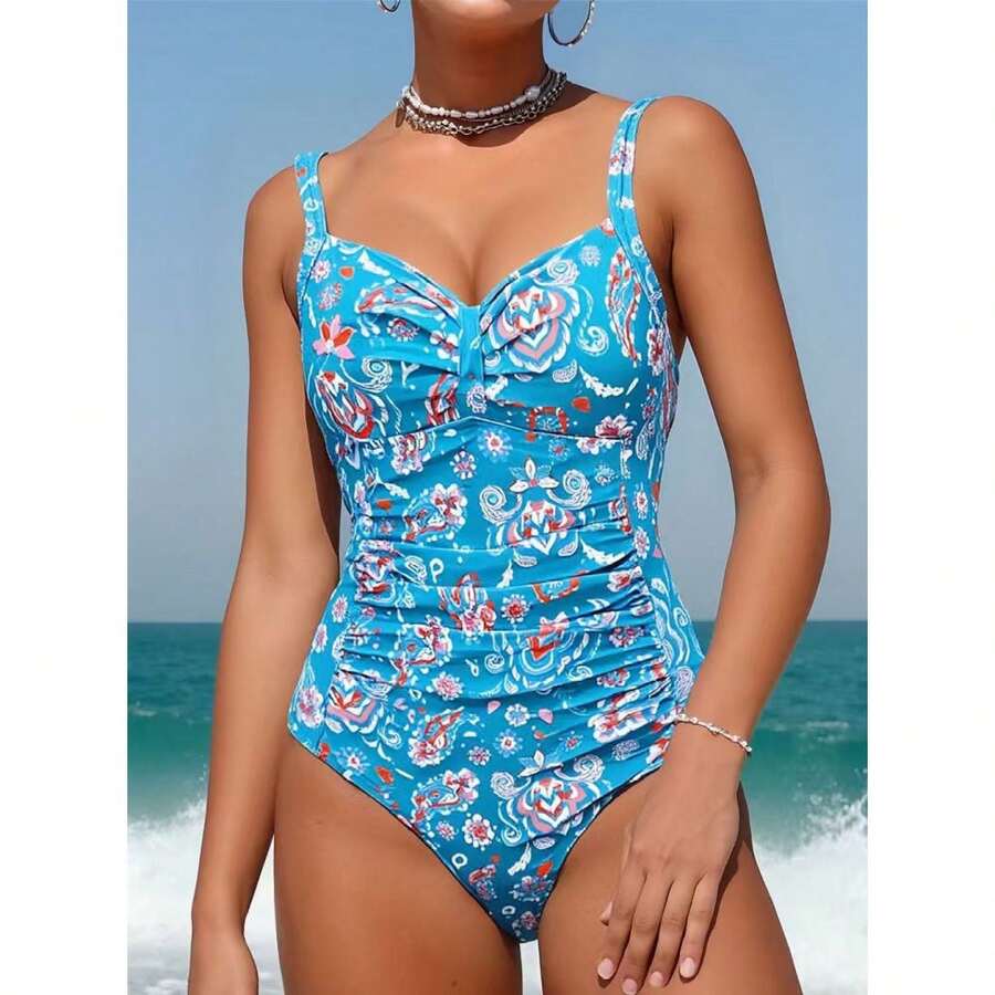 Floral One Piece Swimsuit For Women - Adjustable Strap Bathing Suit With Ruched Tummy Control; Vintage Printed Swimwear For Surfing, Swimming, Beach Vacation - 多色1430 - 查看 1