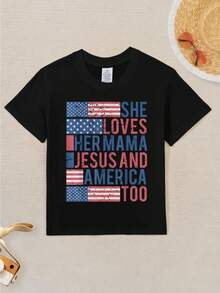 Es una buena chica que ama a su mamá, a Jesús y también a Estados Unidos. Camiseta gráfica divertida y genial para niños. Camisetas lindas para niños. Tops. - Negro - Ver 3