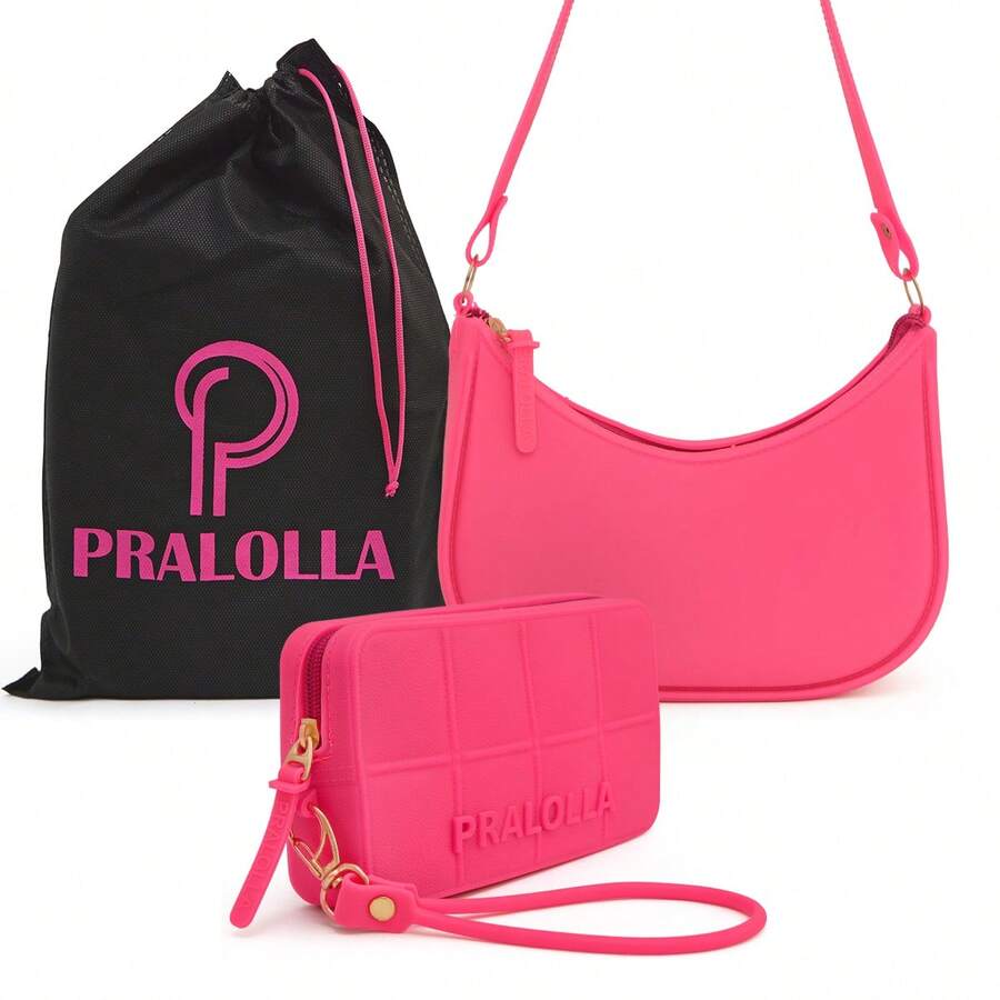 Women's Half-Moon Shoulder Bag Set (Crossbody) + Waterproof Rubberized Wallet - Hot Pink - View 1