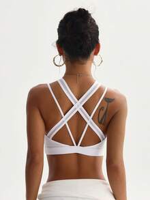 女士时尚纯色可拆卸衬垫网眼拼接运动针织文胸 春季款 - 白色 - 查看 2