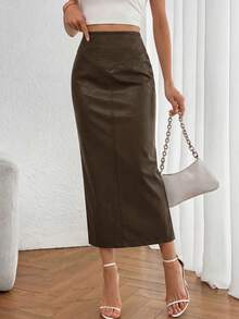 PRETTYGARDEN Women's New Fall Faux Leather Maxi Skirt, High Waist, Elegant Casual Pencil Maxi Skirt Slit Design New Years Valentine Vacation Skirt - 咖啡 - 查看 4