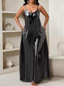 Plus Size Women Solid Color Backless Pocket Spaghetti Strap Elegant Evening Dress Party Summer - Grey - View 3