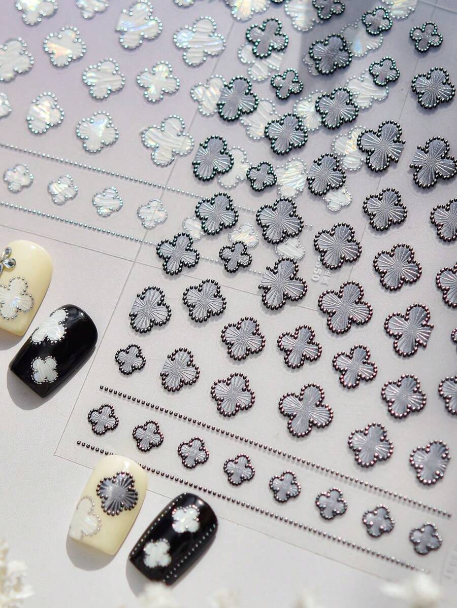 1片金属黑银四叶草极简风格美甲贴纸,自粘式5D浮雕美甲装饰,时尚百搭,适合日常佩戴和派对美甲。 - 彩色 - 查看 1
