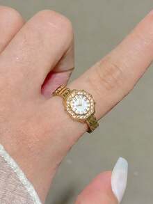 1件时尚独特设计的假手表戒指，送给女孩的礼物，女士装饰手表戒指，无功能性 - 金色 - 查看 7