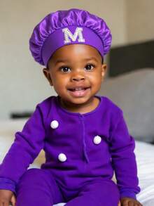 1 Pc A-Z Letter Hats Children' Elastic Wide Brim Satin Sleeping Cap Elastic Caps Fit, Hair Protection, Ultra Soft & Breathable With Anti-Slip Lining - Purple - View 2