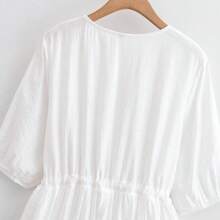 刺绣休闲度假复古优雅收腰中长连衣裙，适合通勤、春夏穿着 - 白色 - 查看 6