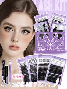 1274Pcs D Curl QUAFFLY Mega Volume Lash Clusters Kit DIY Eyelash Extensions With Bottom Lashes & Spikes, Include Lash Bond&Seal Remover Tweezers Mixed Lengths Individual Lashes Kit - Black - View 4