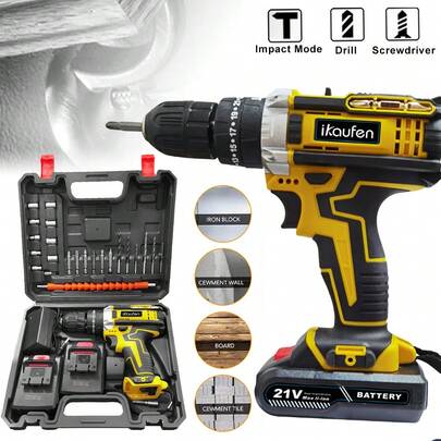 1 Set 21V Lithium Electric Hammer Drill, Heavy-Duty With 25+1 Torque, 2 Speed With 2 Batteries 2.0Ah, Cordless Impact Electric Hammer Drill For Concrete, Power Tool,Tools For Men