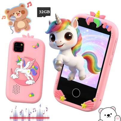 2026款儿童玩具智能手机，配备2.8英寸触摸屏、双摄像头、32GB存储卡、教育游戏、音乐、手电筒、多语言功能，是一款可爱的儿童玩具手机，是送给男孩女孩的完美礼物。