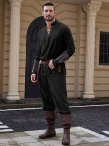 Men's Medieval Drawstring Linen Look Long Sleeve Shirt, Viking Costume - Black - View 3