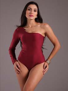 J.A.B.I Modas Women's Long Sleeve One Shoulder Bodysuit - Burgundy - View 5
