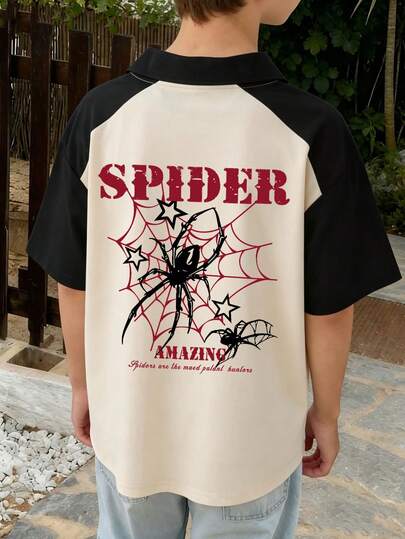 Tween Boy Spider Web & "SPIDER" Print Polo Collar T-Shirt, Short Sleeve, Summer New Arrival, Suitable For Summer Wear