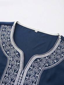 Islamic Robe Muslim Men's Clothing, Handmade Embroidered Loose Breathable Moroccan Kaftan Abaya Jalabiya Robe For Men - Navy Blue - View 3