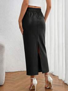 PRETTYGARDEN Women's New Fall Faux Leather Maxi Skirt, High Waist, Elegant Casual Pencil Maxi Skirt Slit Design New Years Valentine Vacation Skirt - 黑色 - 查看 2
